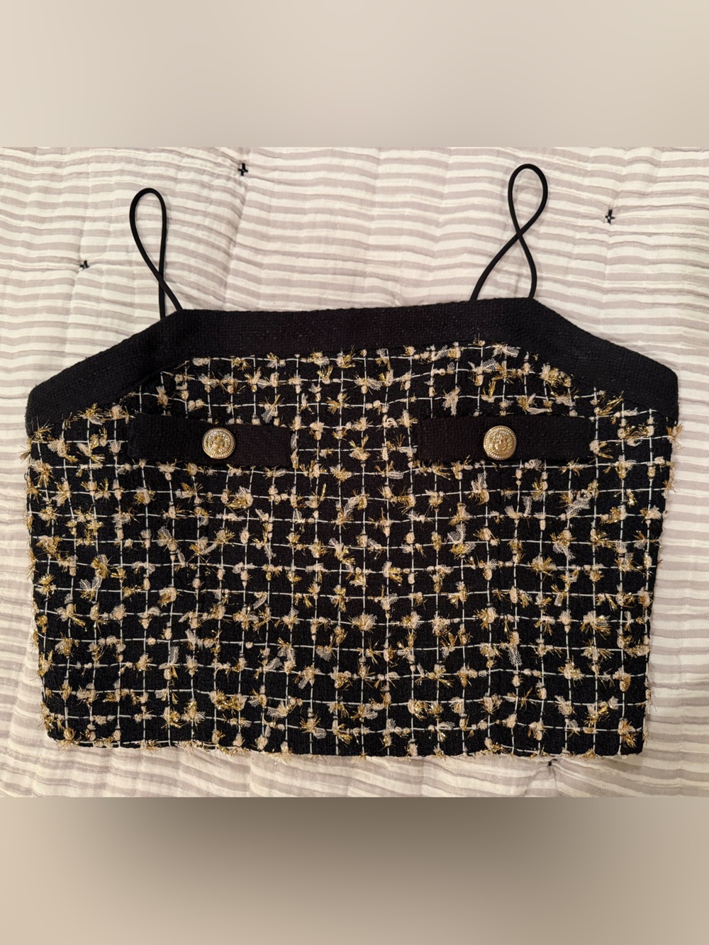 Endless Rose Tweed Crop Cami with Gold Button Detail - Black & Gold - Picture 2 of 3